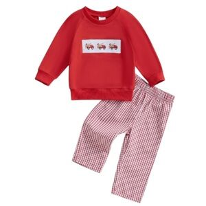 Valentine Truck Appliquéd Top & Gingham Red & White pants. NWOT Boutique